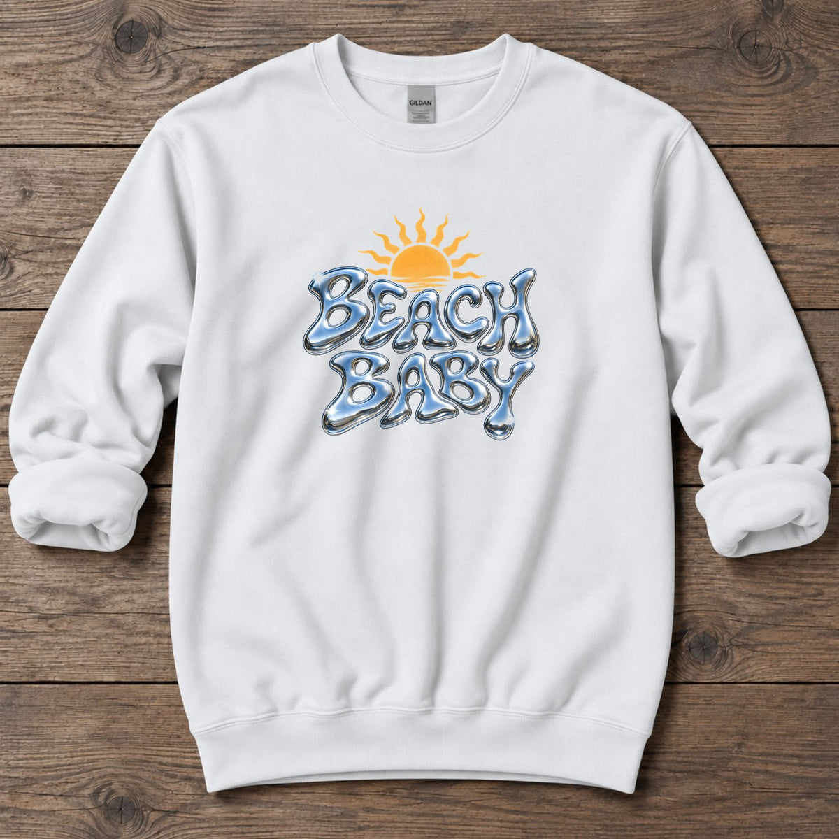 Beach Baby Chrome Sun Midweight Sweatshirt in White, Salty Paws Midweight Sweatshirt, front design flat lay