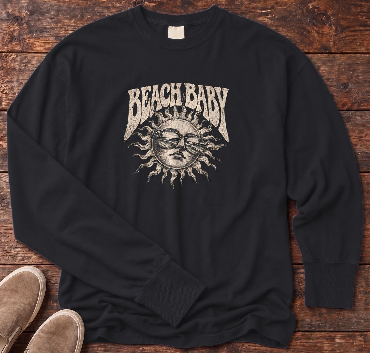 Beach Baby Sun Palm Sunglasses Long Sleeve Tee in Black, Salty Paws Comfort Colors Long Sleeve Tee, front design flat lay