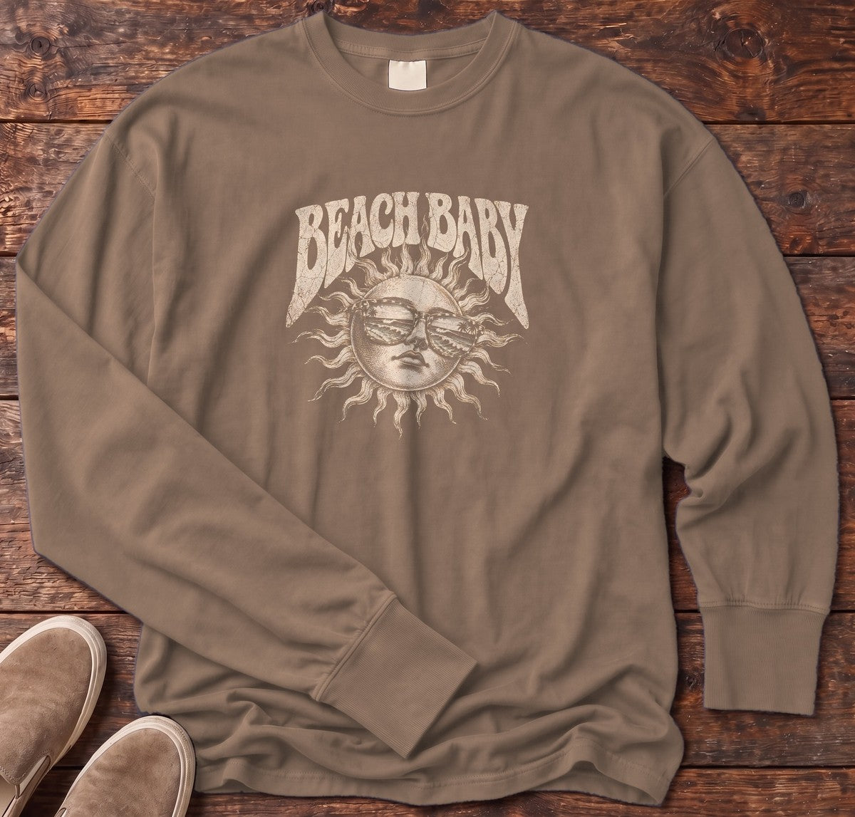Beach Baby Sun Palm Sunglasses Long Sleeve Tee in Espresso, Salty Paws Comfort Colors Long Sleeve Tee, front design flat lay