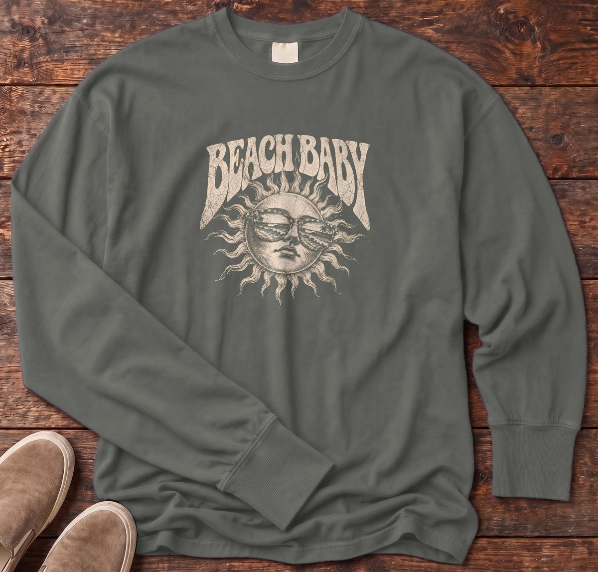 Beach Baby Sun Palm Sunglasses Long Sleeve Tee in Pepper, Salty Paws Comfort Colors Long Sleeve Tee, front design flat lay