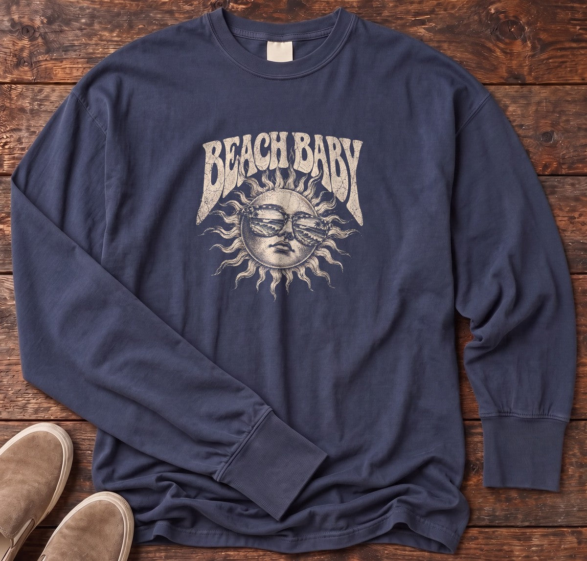 Beach Baby Sun Palm Sunglasses Long Sleeve Tee in True Navy, Salty Paws Comfort Colors Long Sleeve Tee, front design flat lay