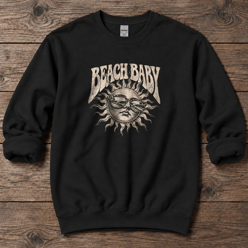Beach Baby Sun Palm Sunglasses Midweight Sweatshirt in Black, Salty Paws Midweight Sweatshirt, front design flat lay