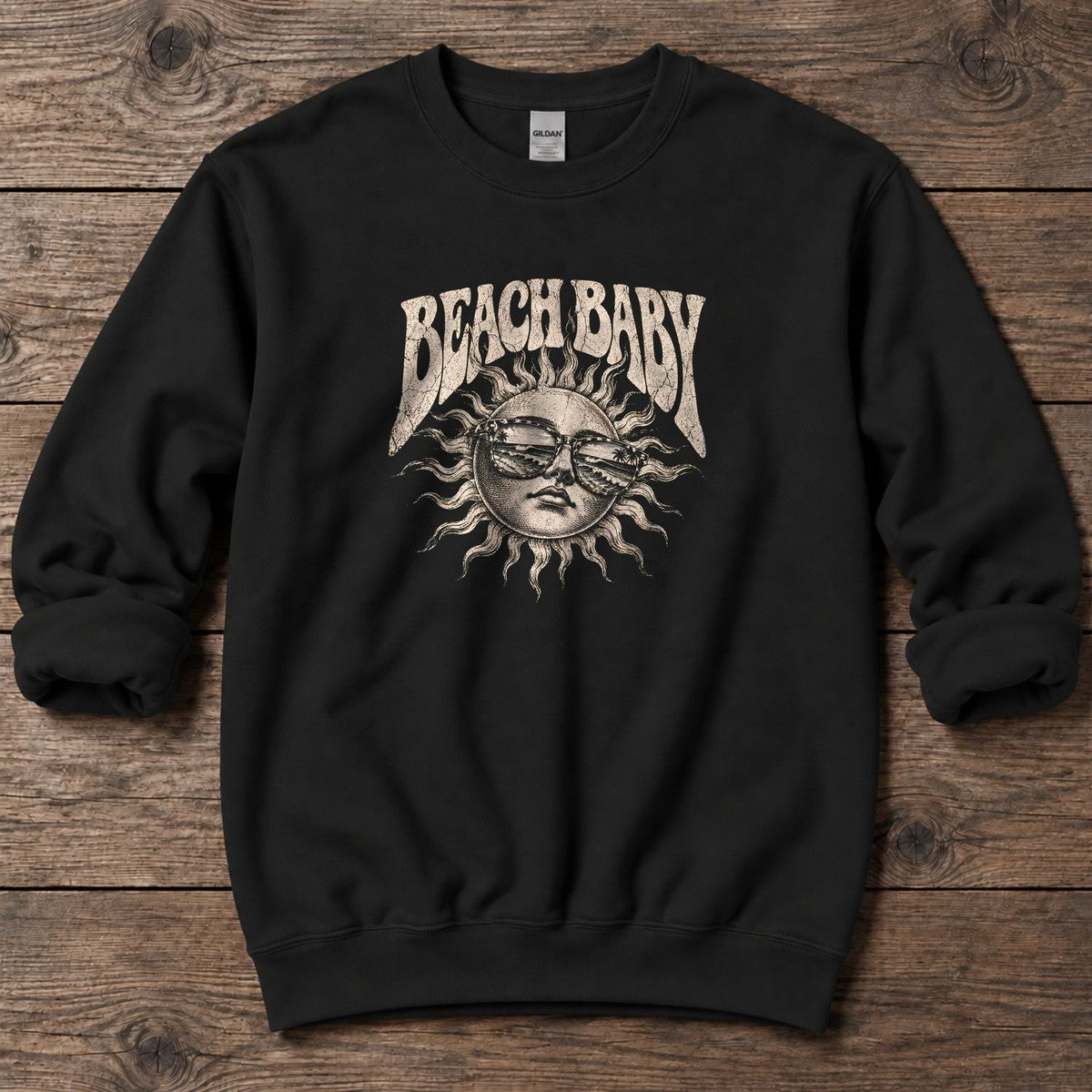 Beach Baby Sun Palm Sunglasses Midweight Sweatshirt in Black, Salty Paws Midweight Sweatshirt, front design flat lay