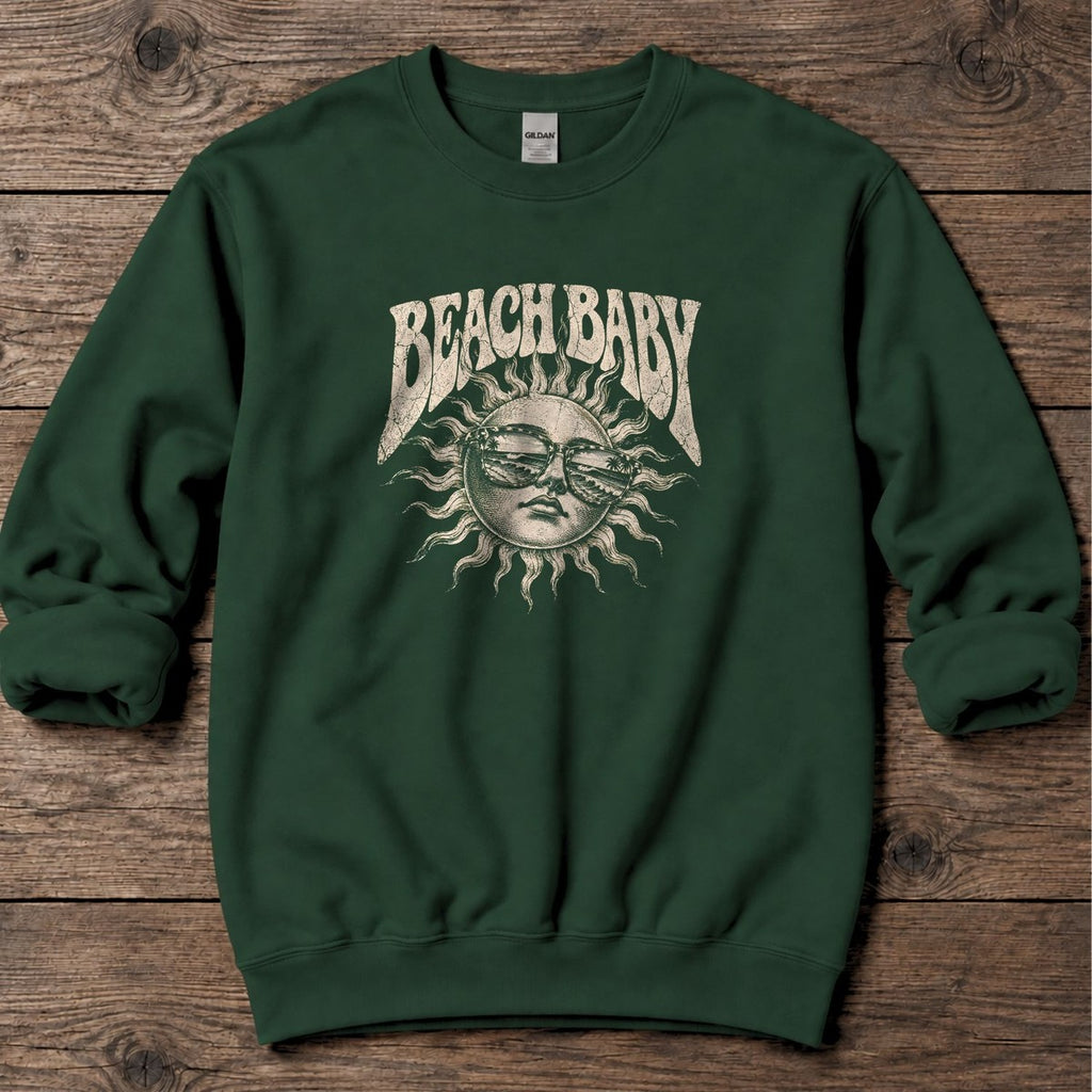 Beach Baby Sun Palm Sunglasses Midweight Sweatshirt in Forest Green, Salty Paws Midweight Sweatshirt, front design flat lay