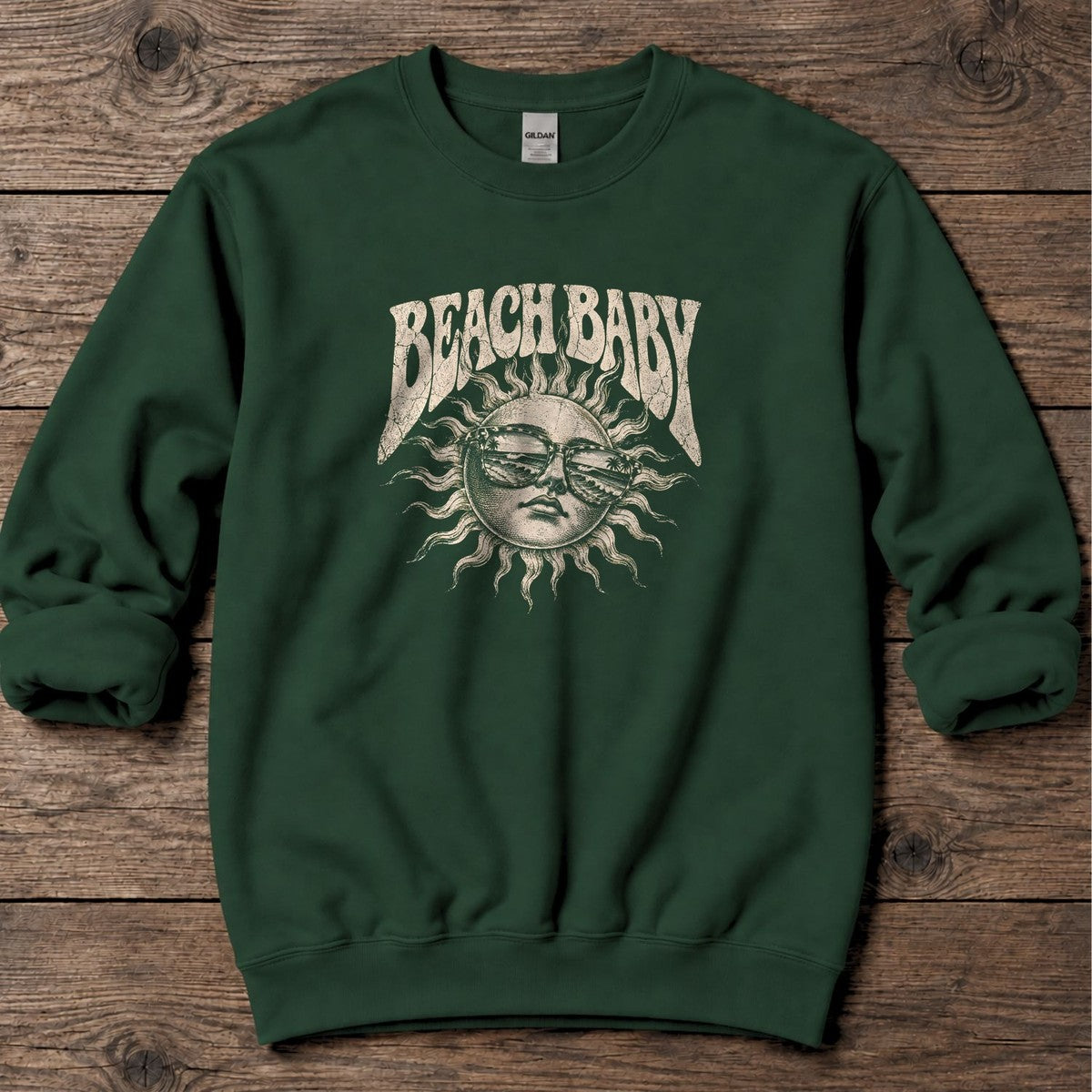 Beach Baby Sun Palm Sunglasses Midweight Sweatshirt in Forest Green, Salty Paws Midweight Sweatshirt, front design flat lay
