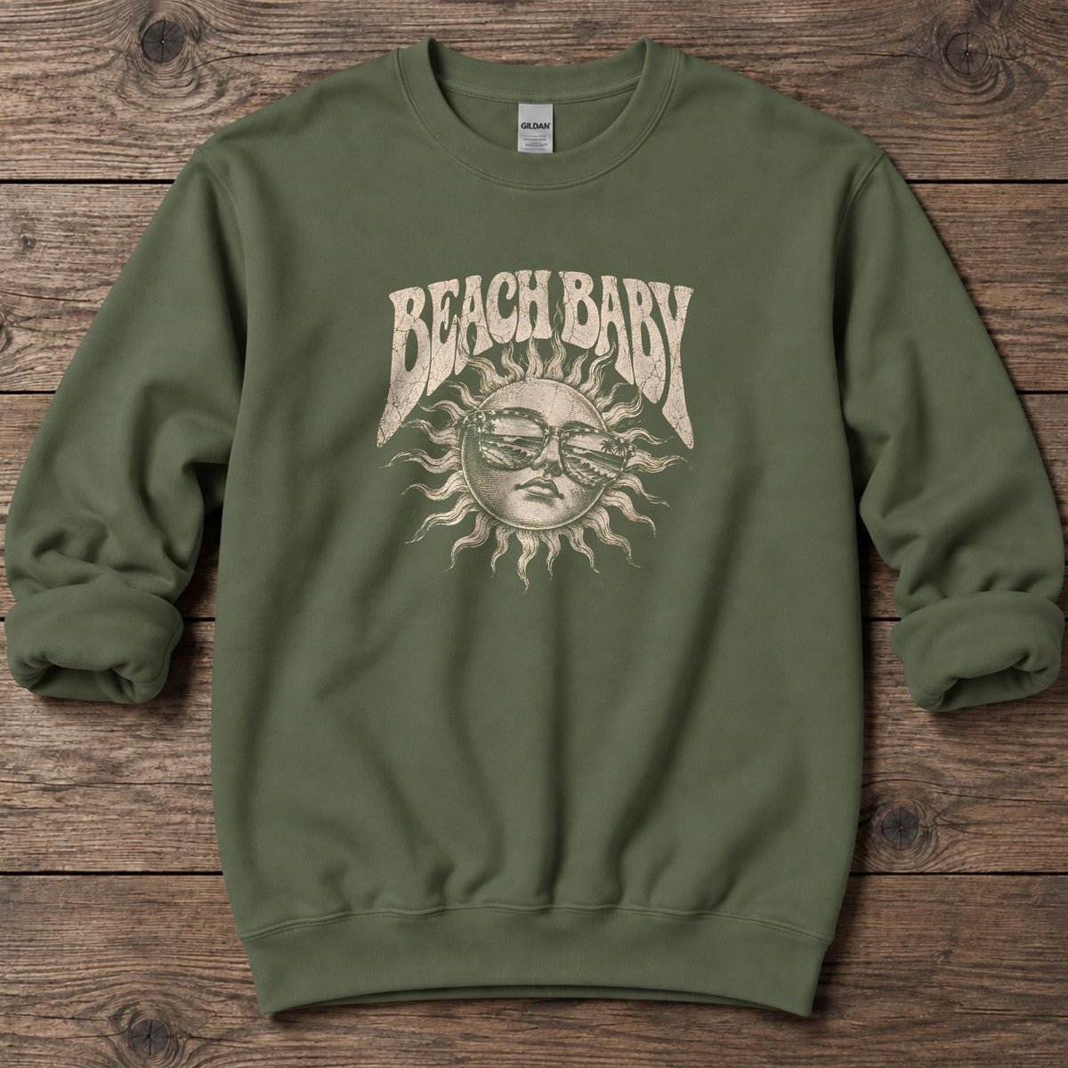 Beach Baby Sun Palm Sunglasses Midweight Sweatshirt in Military Green, Salty Paws Midweight Sweatshirt, front design flat lay
