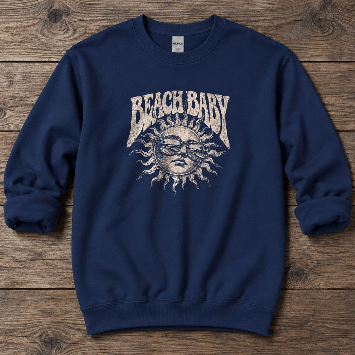Beach Baby Sun Palm Sunglasses Midweight Sweatshirt in Navy, Salty Paws Midweight Sweatshirt, front design flat lay