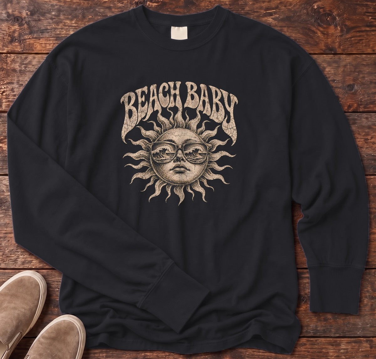 Beach Baby Sun Wave Sunglasses Long Sleeve Tee in Black, Salty Paws Comfort Colors Long Sleeve Tee, front design flat lay