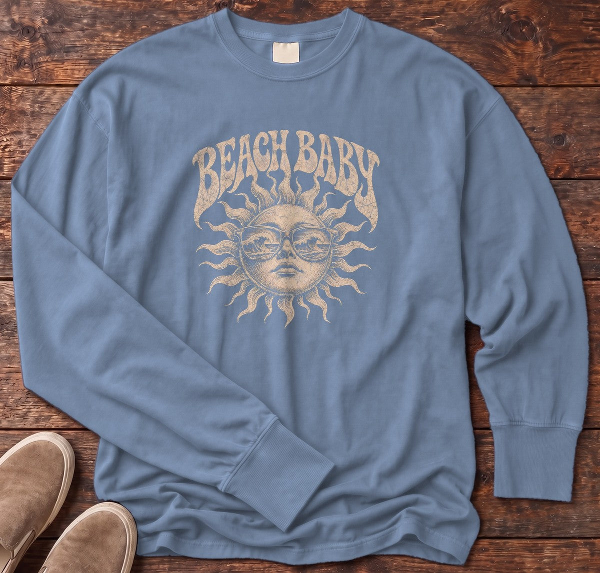 Beach Baby Sun Wave Sunglasses Long Sleeve Tee in Blue Jean, Salty Paws Comfort Colors Long Sleeve Tee, front design flat lay