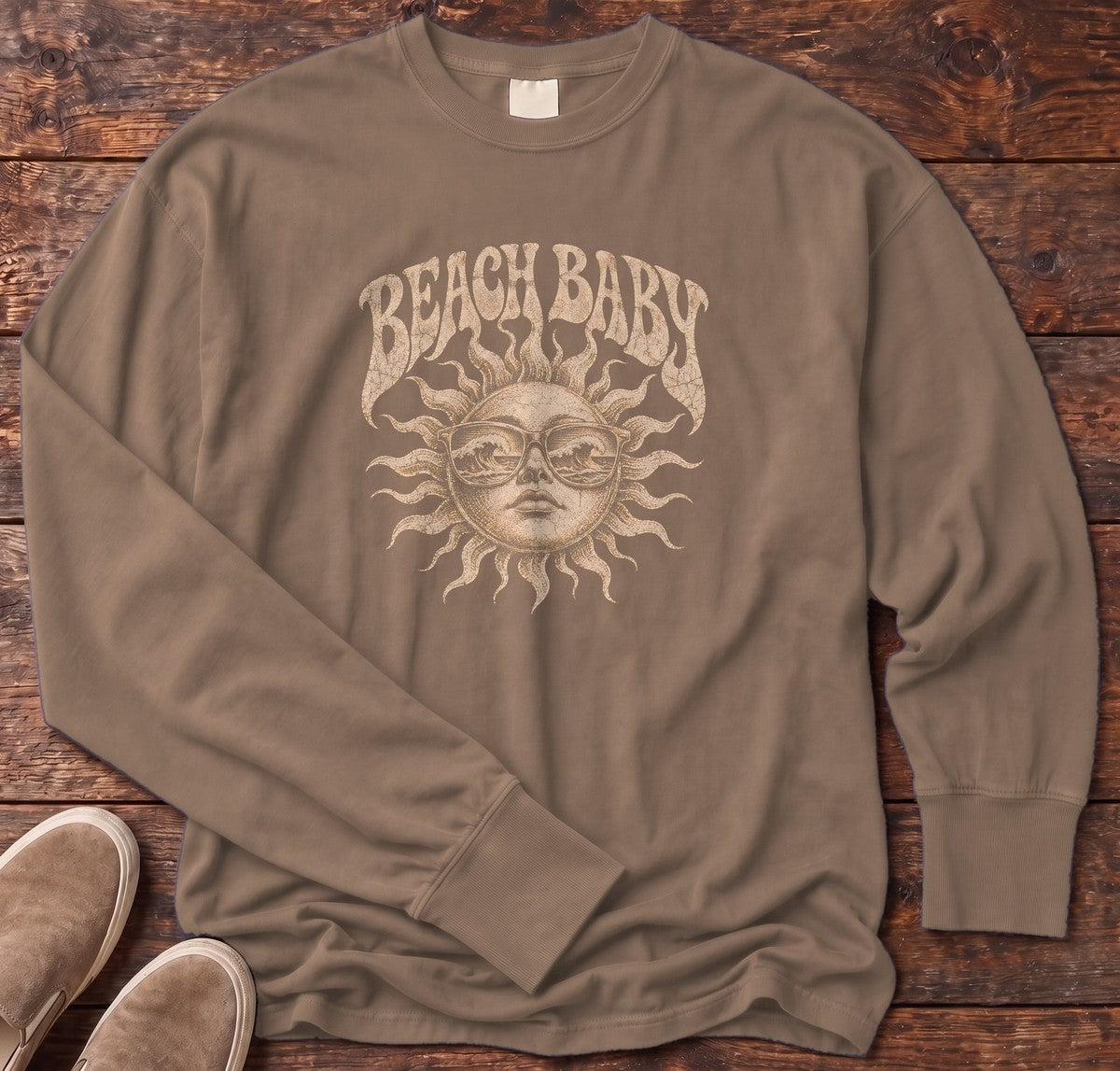 Beach Baby Sun Wave Sunglasses Long Sleeve Tee in Espresso, Salty Paws Comfort Colors Long Sleeve Tee, front design flat lay