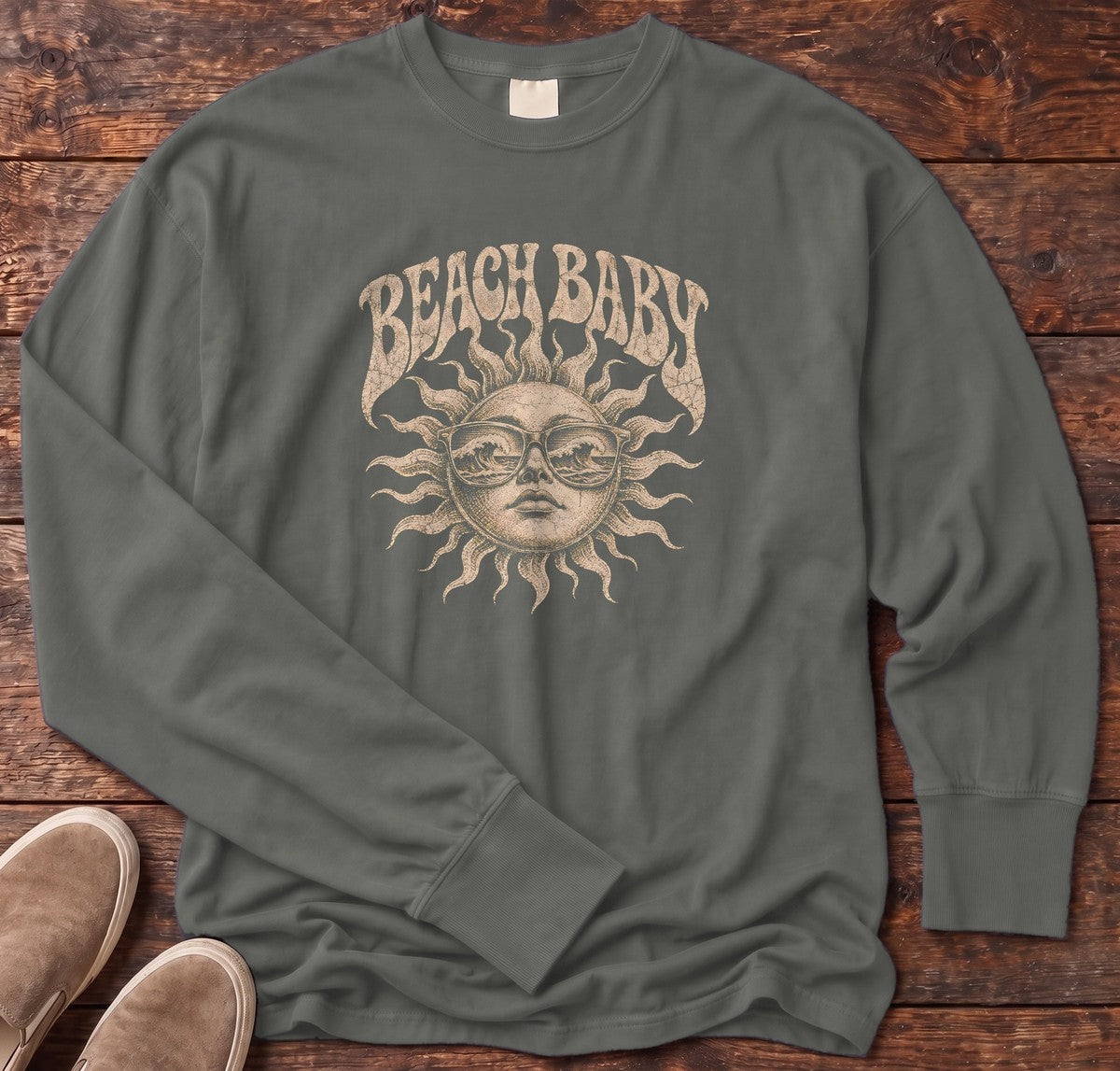 Beach Baby Sun Wave Sunglasses Long Sleeve Tee in Pepper, Salty Paws Comfort Colors Long Sleeve Tee, front design flat lay