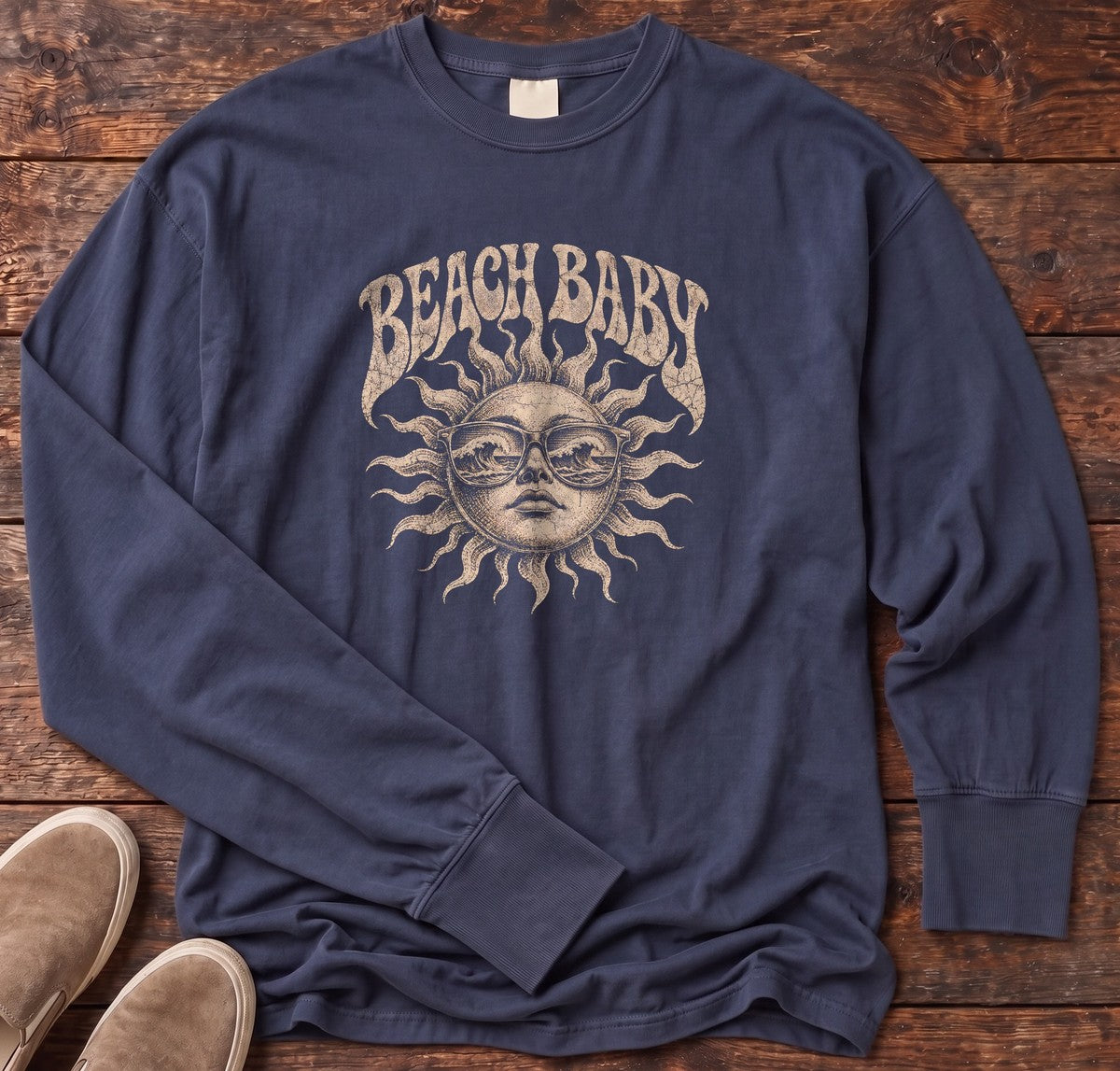 Beach Baby Sun Wave Sunglasses Long Sleeve Tee in True Navy, Salty Paws Comfort Colors Long Sleeve Tee, front design flat lay