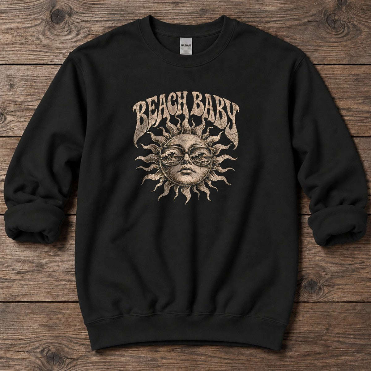 Beach Baby Sun Wave Sunglasses Midweight Sweatshirt in Black, Salty Paws Midweight Sweatshirt, front design flat lay