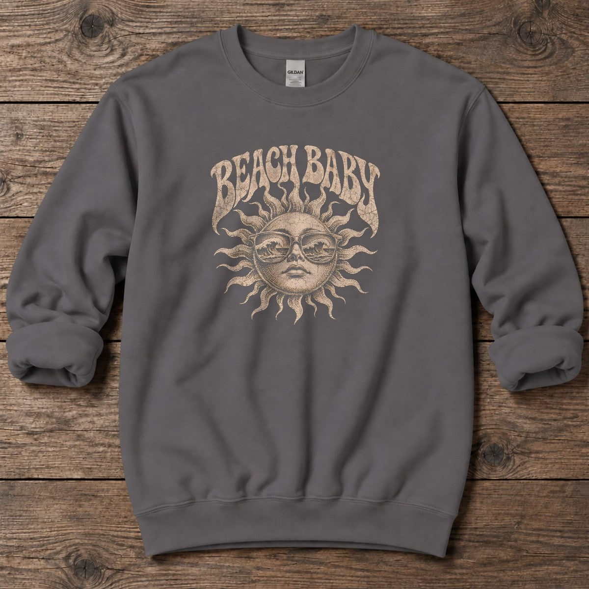 Beach Baby Sun Wave Sunglasses Midweight Sweatshirt in Charcoal, Salty Paws Midweight Sweatshirt, front design flat lay