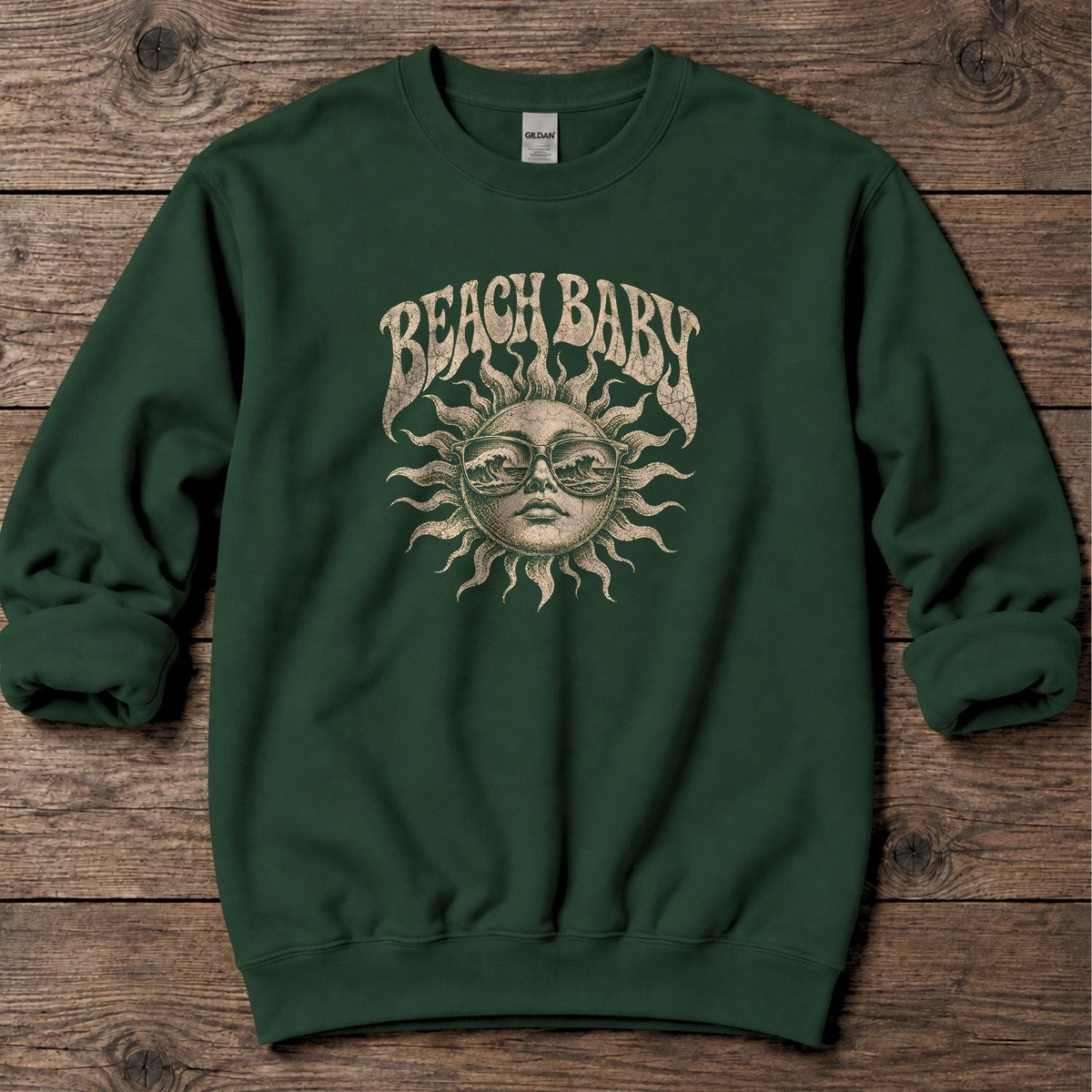 Beach Baby Sun Wave Sunglasses Midweight Sweatshirt in Forest Green, Salty Paws Midweight Sweatshirt, front design flat lay