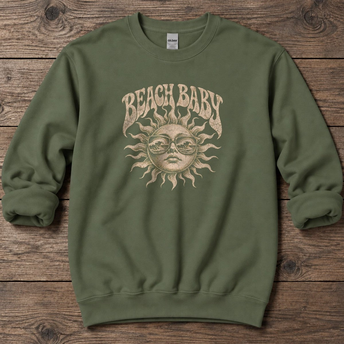 Beach Baby Sun Wave Sunglasses Midweight Sweatshirt in Military Green, Salty Paws Midweight Sweatshirt, front design flat lay