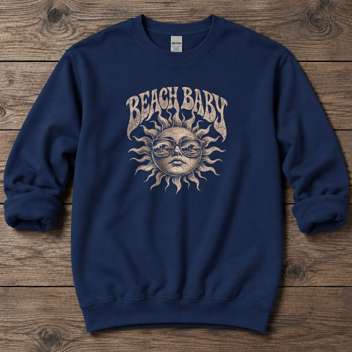 Beach Baby Sun Wave Sunglasses Midweight Sweatshirt in Navy, Salty Paws Midweight Sweatshirt, front design flat lay