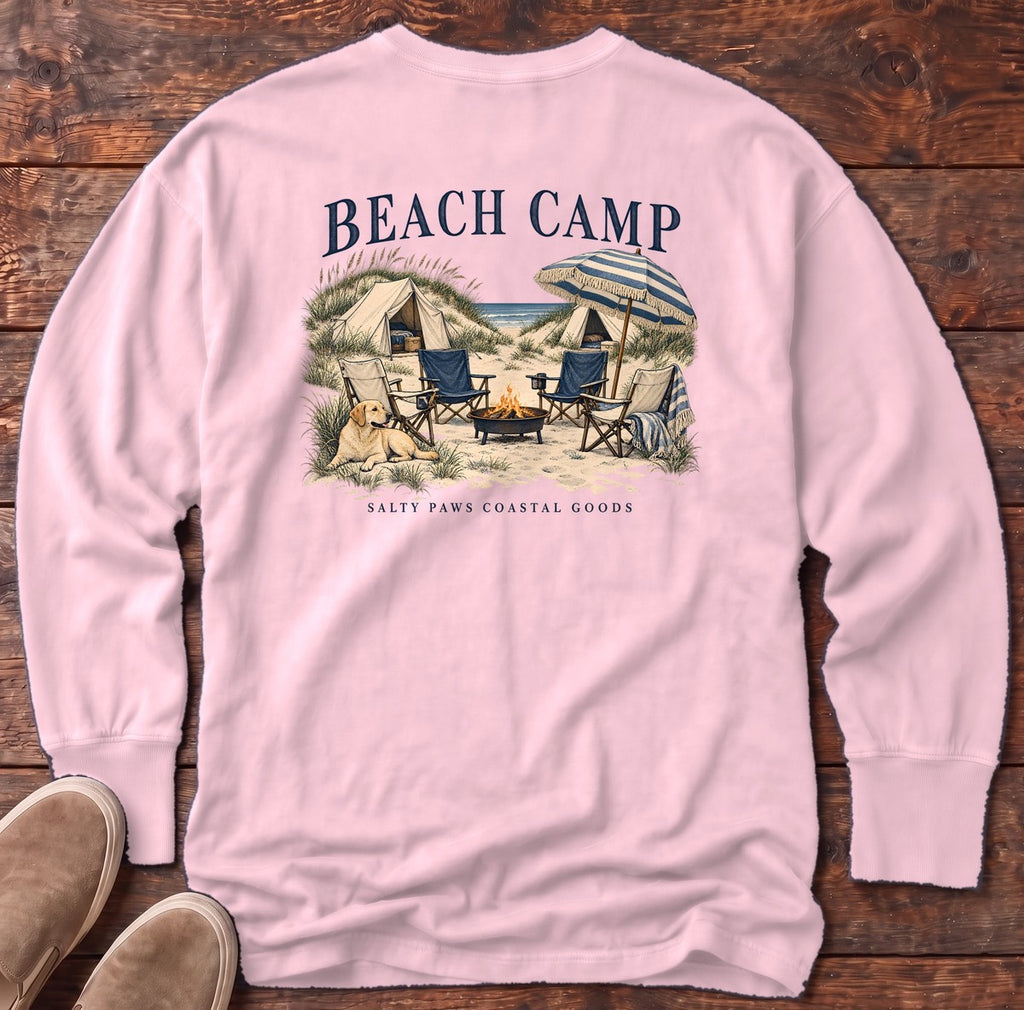 Beach Camp Yellow Lab Salty Paws Coastal Goods Back Design Long Sleeve Tee in Blossom, Salty Paws Comfort Colors Long Sleeve Tee, back design flat lay