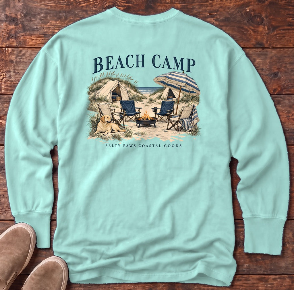 Beach Camp Yellow Lab Salty Paws Coastal Goods Back Design Long Sleeve Tee in Chalky Mint, Salty Paws Comfort Colors Long Sleeve Tee, back design flat lay