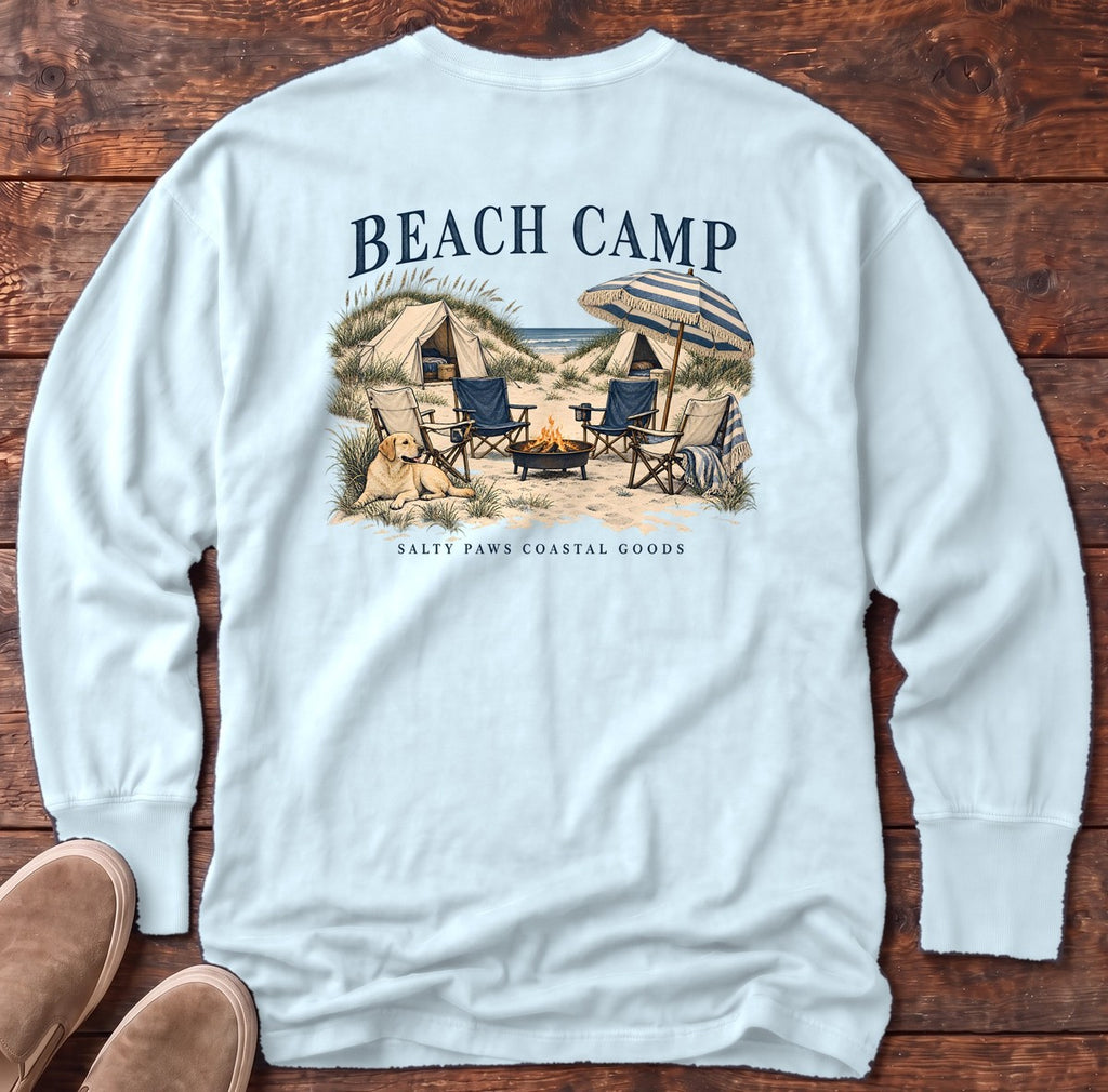 Beach Camp Yellow Lab Salty Paws Coastal Goods Back Design Long Sleeve Tee in Chambray, Salty Paws Comfort Colors Long Sleeve Tee, back design flat lay