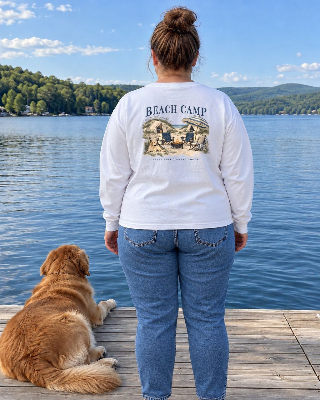 Beach Camp Yellow Lab Salty Paws Coastal Goods Back Design Long Sleeve Tee in White, worn by a model, Salty Paws back design