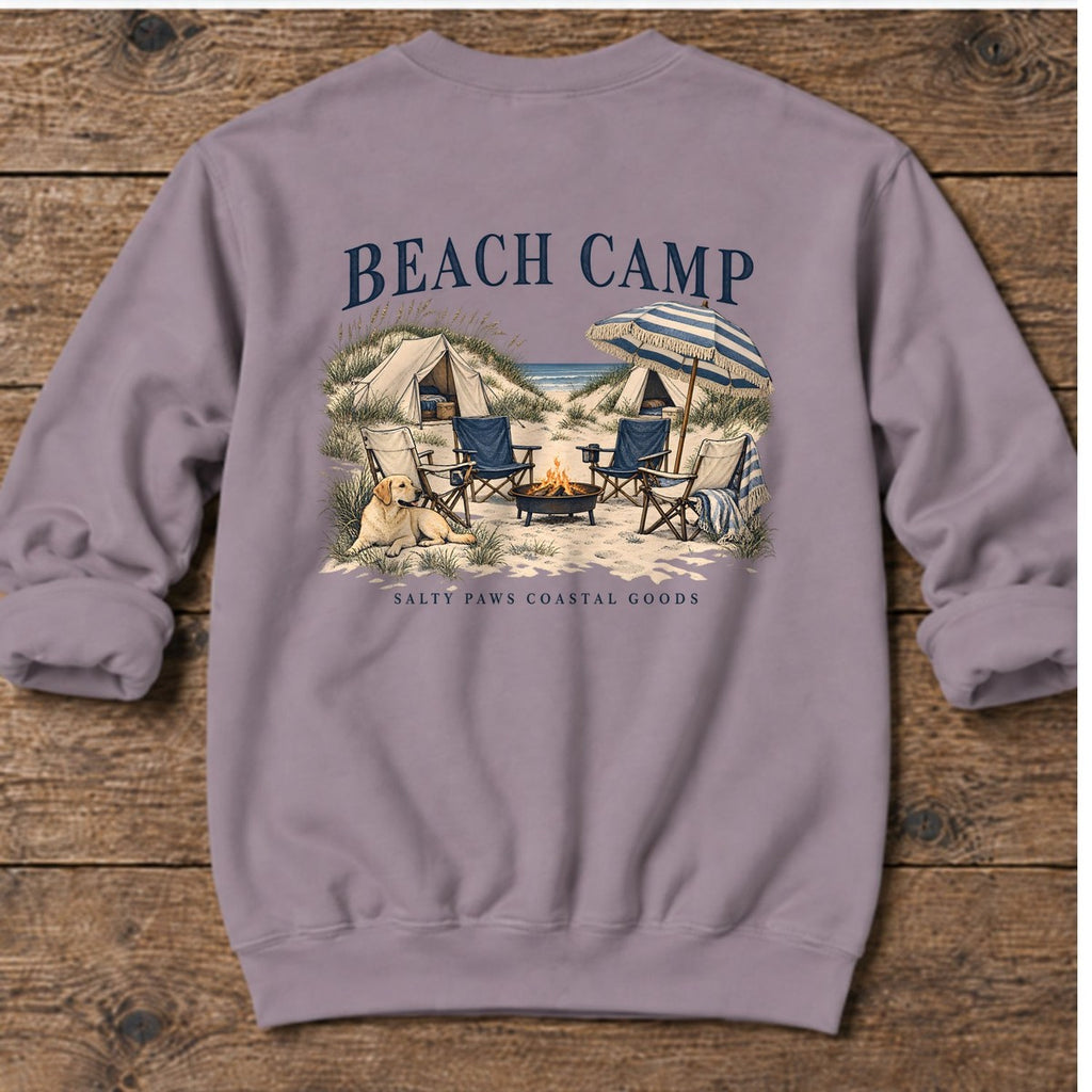 Beach Camp Yellow Lab Salty Paws Coastal Goods Back Design Midweight Sweatshirt in Paragon, Salty Paws Midweight Sweatshirt, back design flat lay