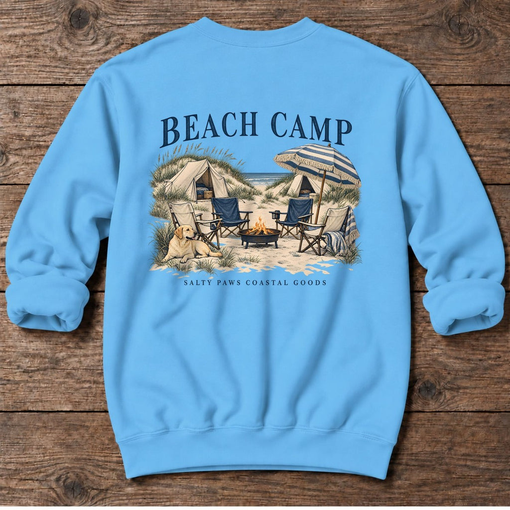 Beach Camp Yellow Lab Salty Paws Coastal Goods Back Design Midweight Sweatshirt in Sky, Salty Paws Midweight Sweatshirt, back design flat lay