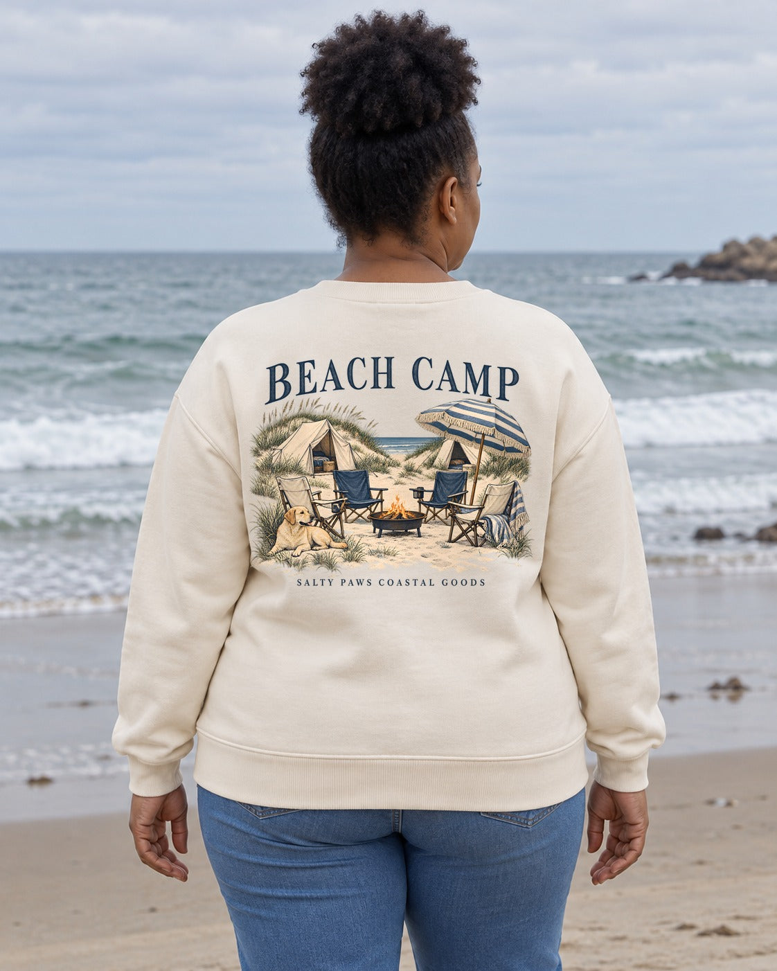 Beach Camp Yellow Lab Salty Paws Coastal Goods Back Design Midweight Sweatshirt in White, worn by a model, Salty Paws back design