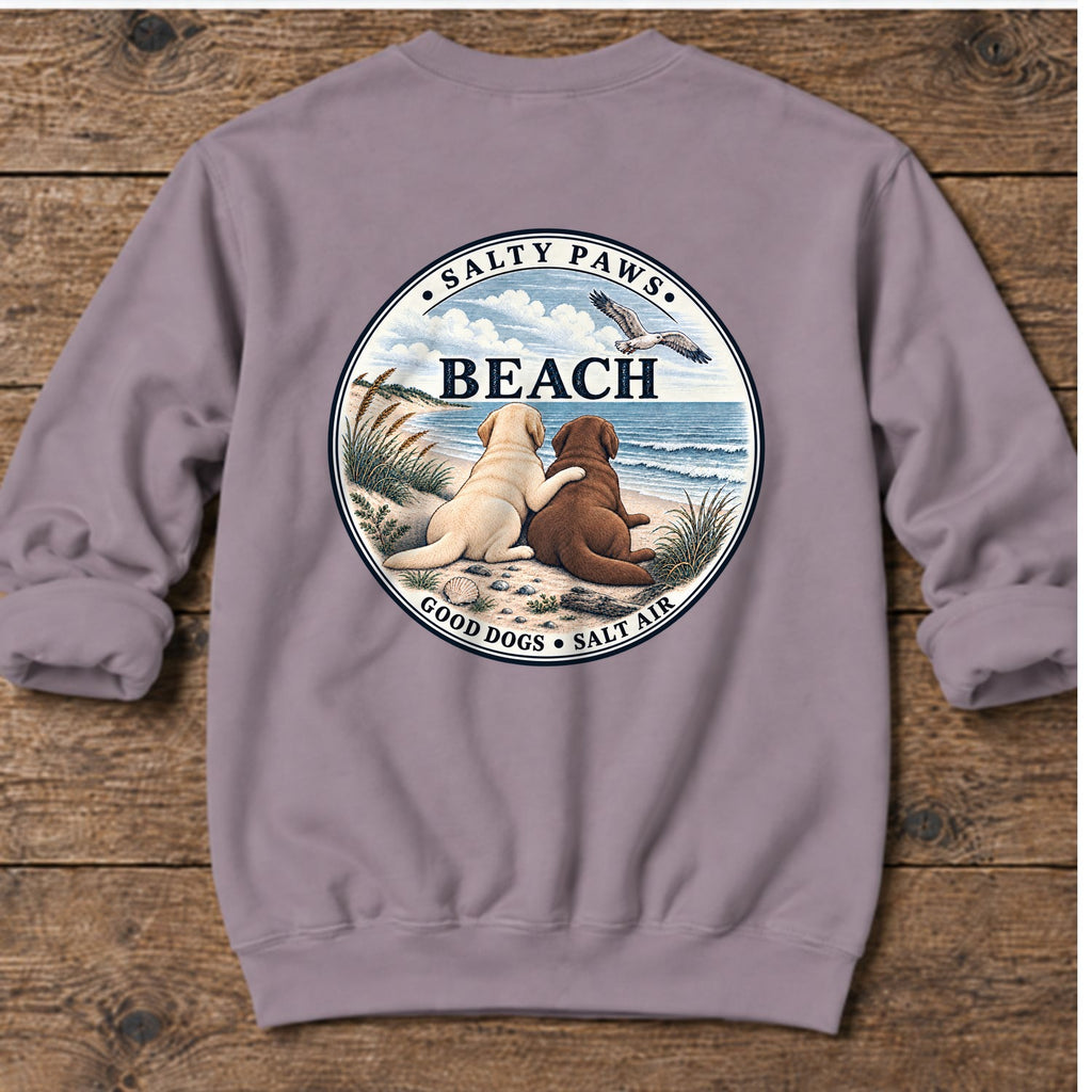 Beach Good Dogs Chocolate Yellow Lab Back Design Midweight Sweatshirt in Paragon, Salty Paws Midweight Sweatshirt, back design flat lay