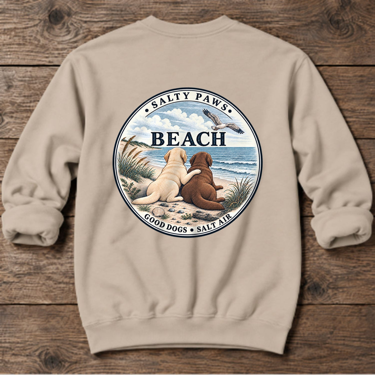Beach Good Dogs Chocolate Yellow Lab Back Design Midweight Sweatshirt in Sand, Salty Paws Midweight Sweatshirt, back design flat lay