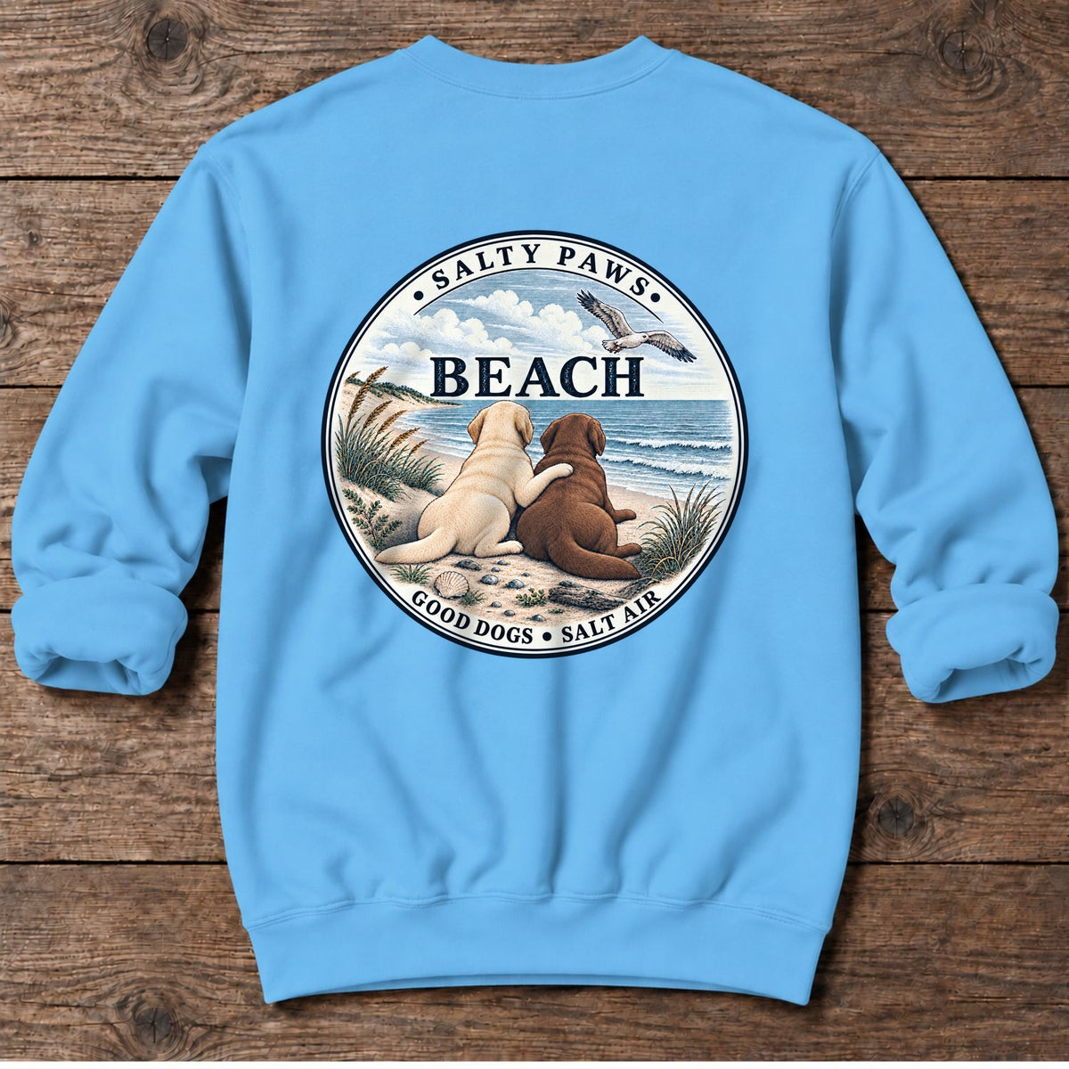 Beach Good Dogs Chocolate Yellow Lab Back Design Midweight Sweatshirt in Sky, Salty Paws Midweight Sweatshirt, back design flat lay