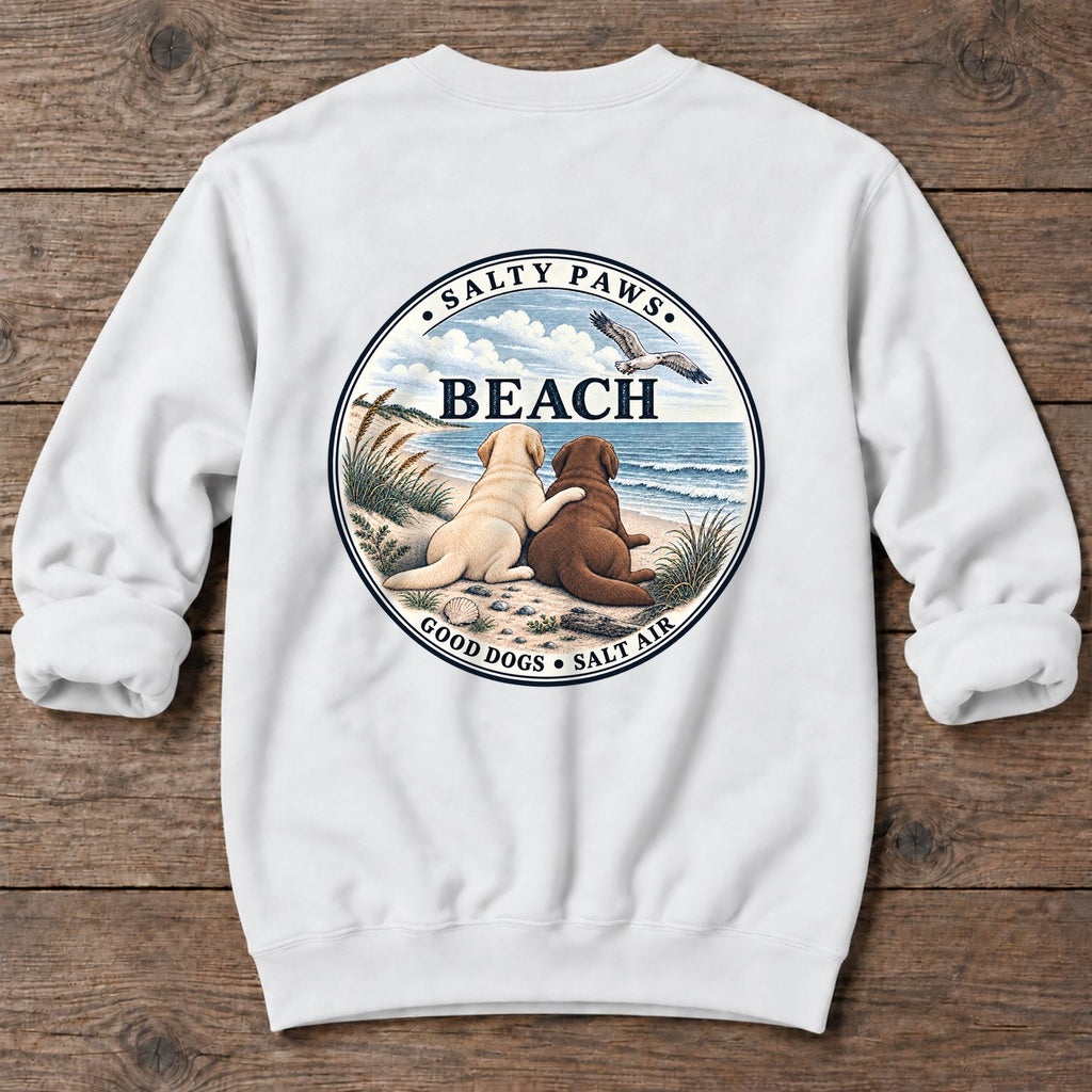 Beach Good Dogs Chocolate Yellow Lab Back Design Midweight Sweatshirt in White, Salty Paws Midweight Sweatshirt, back design flat lay