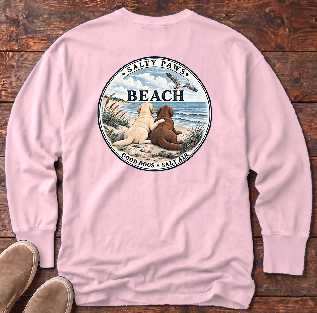 Beach Good Dogs Chocolate & Yellow Labs Back Design Long Sleeve Tee in Blossom, Salty Paws Comfort Colors Long Sleeve Tee, back design flat lay
