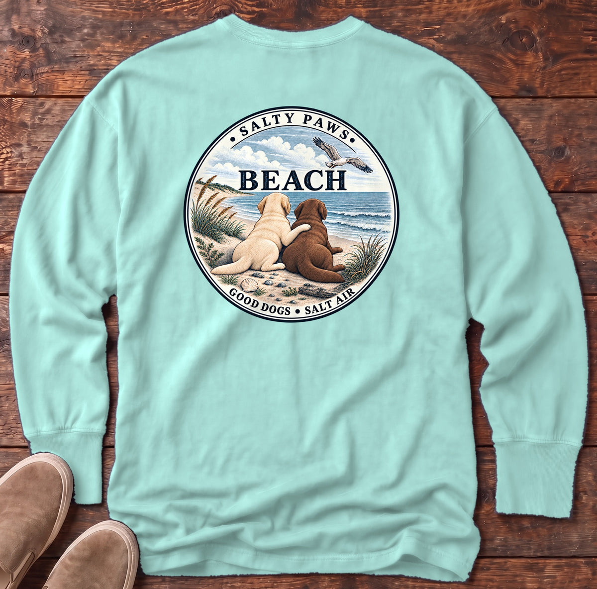 Beach Good Dogs Chocolate & Yellow Labs Back Design Long Sleeve Tee in Chalky Mint, Salty Paws Comfort Colors Long Sleeve Tee, back design flat lay