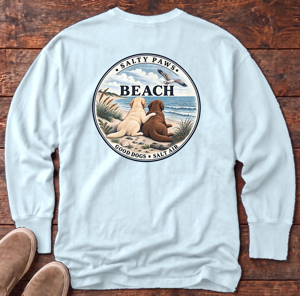 Beach Good Dogs Chocolate & Yellow Labs Back Design Long Sleeve Tee in Chambray, Salty Paws Comfort Colors Long Sleeve Tee, back design flat lay