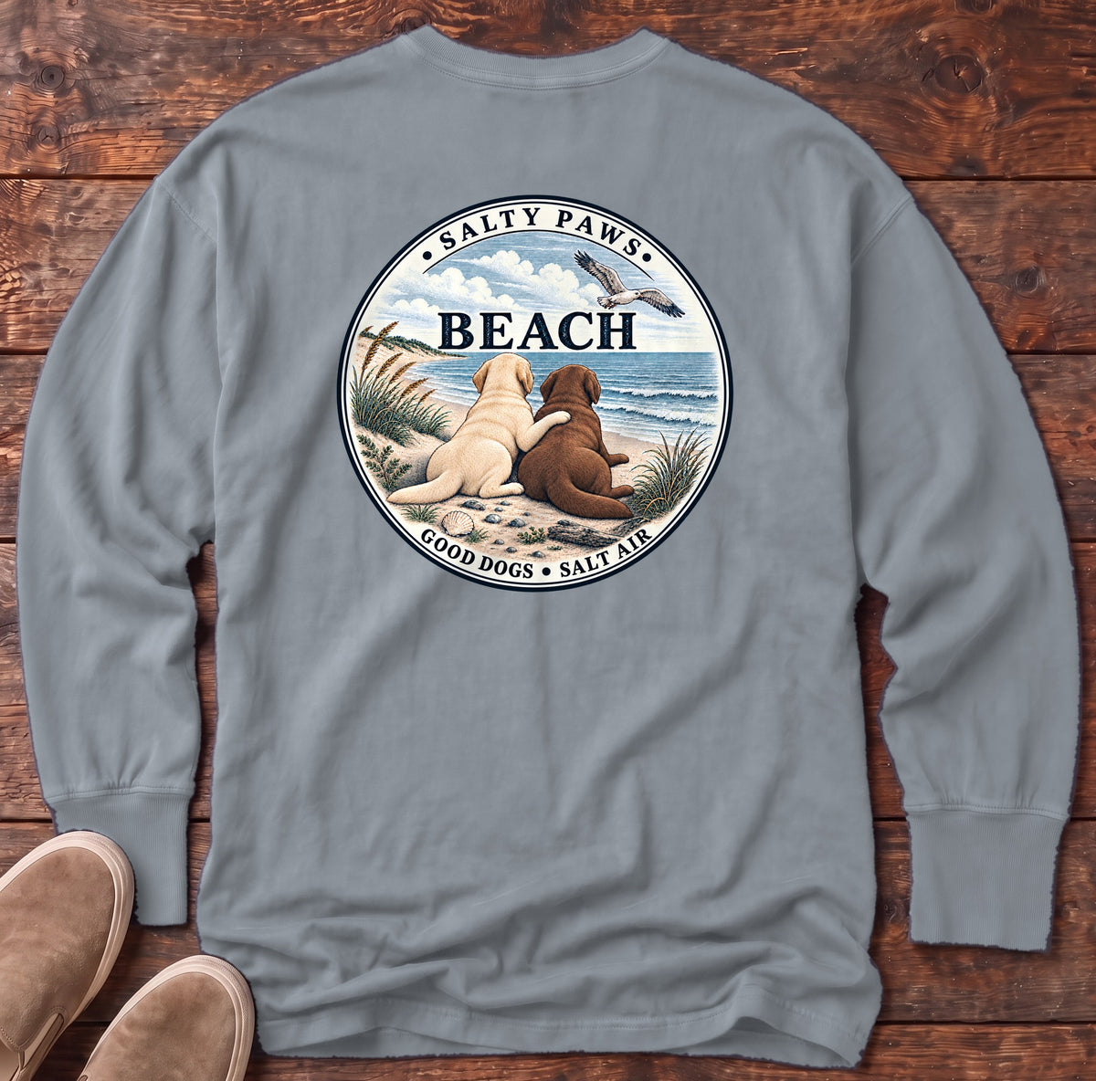 Beach Good Dogs Chocolate & Yellow Labs Back Design Long Sleeve Tee in Granite, Salty Paws Comfort Colors Long Sleeve Tee, back design flat lay