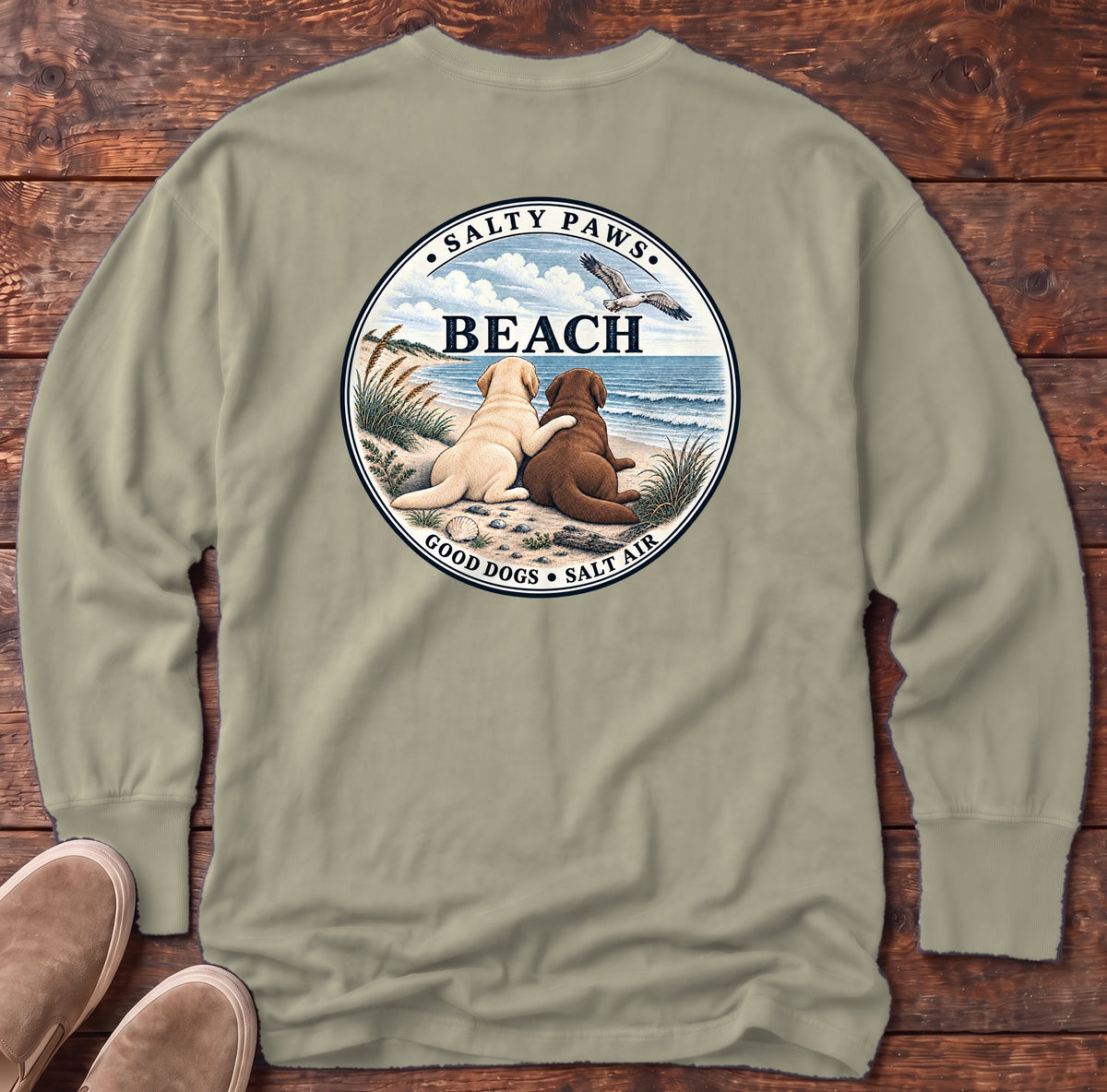 Beach Good Dogs Chocolate & Yellow Labs Back Design Long Sleeve Tee in Sandstone, Salty Paws Comfort Colors Long Sleeve Tee, back design flat lay