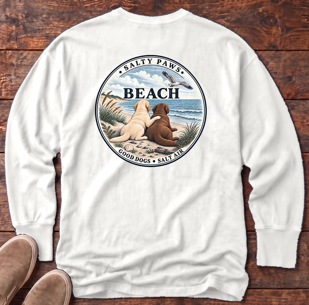 Beach Good Dogs Chocolate & Yellow Labs Back Design Long Sleeve Tee in White, Salty Paws Comfort Colors Long Sleeve Tee, back design flat lay