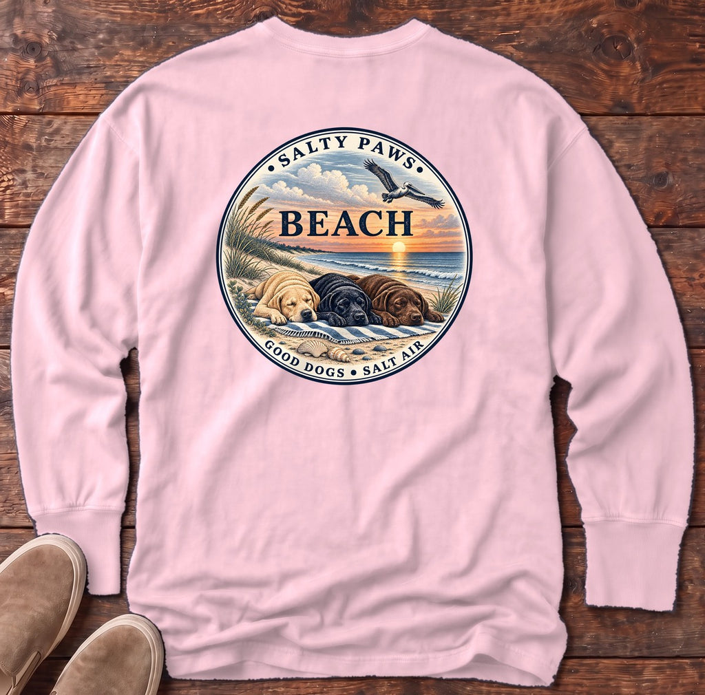 Beach Good Dogs Salt Air Sunset Three Labs Back Design Long Sleeve Tee in Blossom, Salty Paws Comfort Colors Long Sleeve Tee, back design flat lay