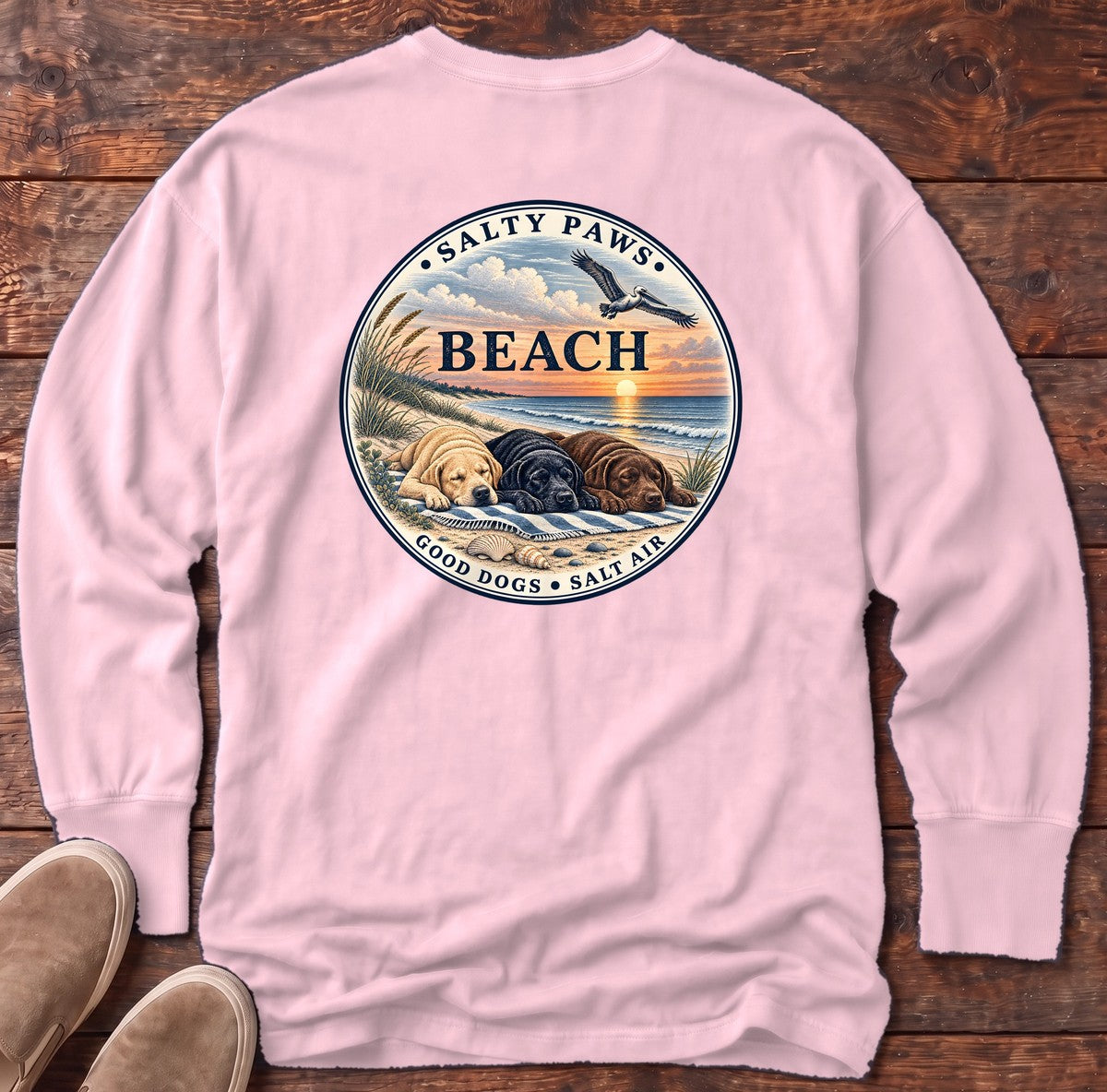 Beach Good Dogs Salt Air Sunset Three Labs Back Design Long Sleeve Tee in Blossom, Salty Paws Comfort Colors Long Sleeve Tee, back design flat lay