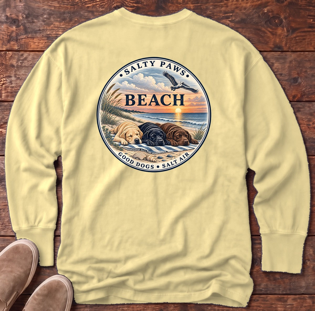 Beach Good Dogs Salt Air Sunset Three Labs Back Design Long Sleeve Tee in Butter, Salty Paws Comfort Colors Long Sleeve Tee, back design flat lay
