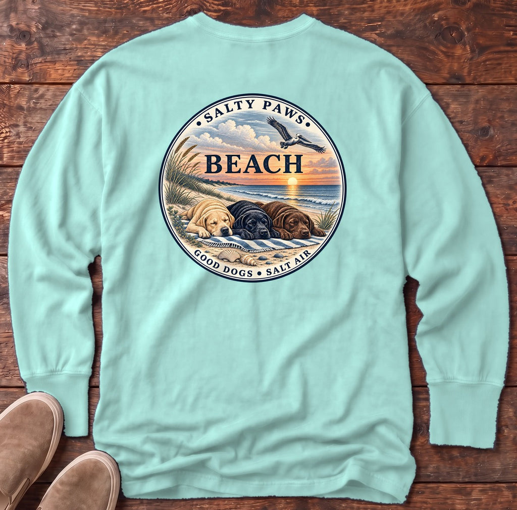 Beach Good Dogs Salt Air Sunset Three Labs Back Design Long Sleeve Tee in Chalky Mint, Salty Paws Comfort Colors Long Sleeve Tee, back design flat lay