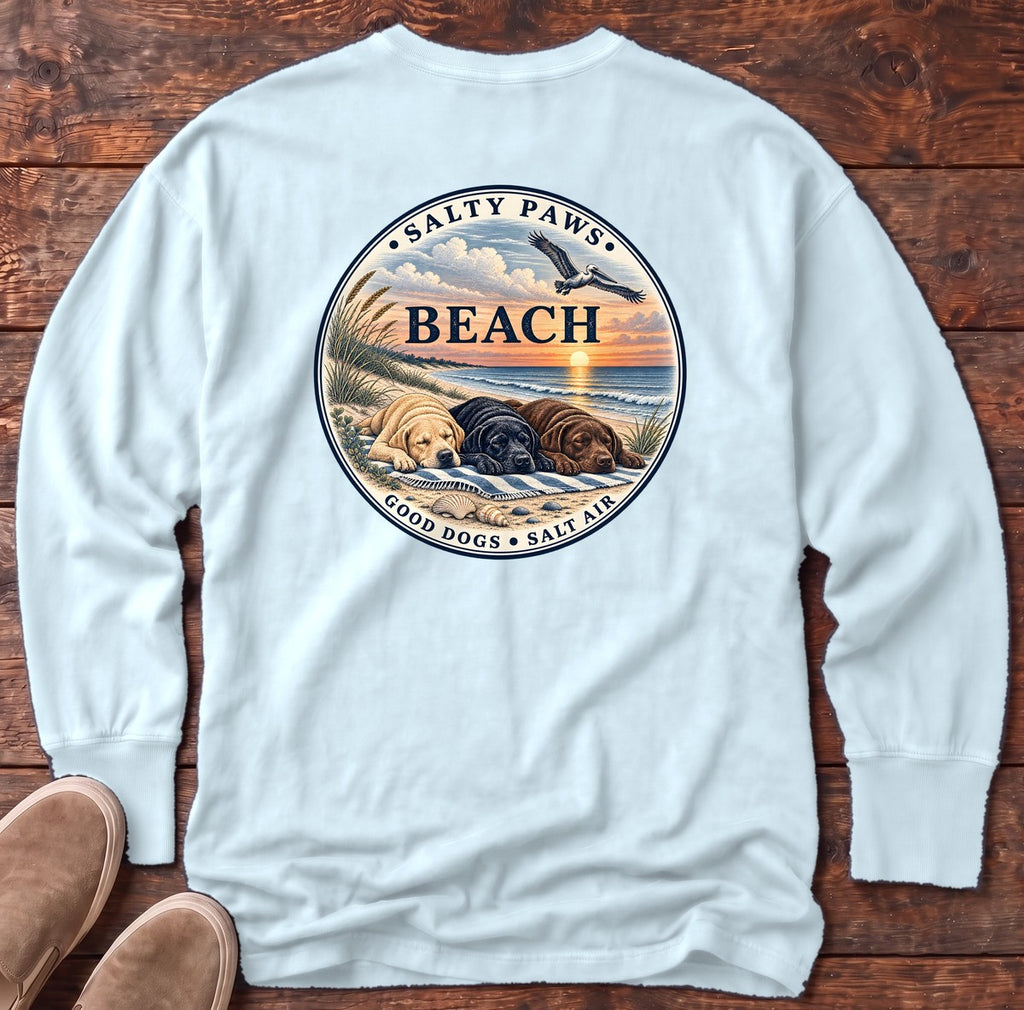 Beach Good Dogs Salt Air Sunset Three Labs Back Design Long Sleeve Tee in Chambray, Salty Paws Comfort Colors Long Sleeve Tee, back design flat lay