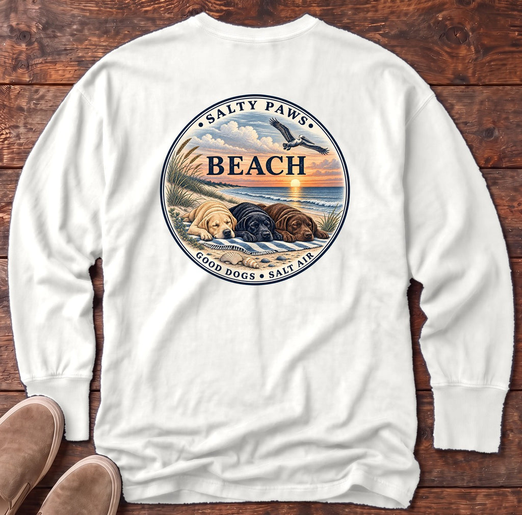 Beach Good Dogs Salt Air Sunset Three Labs Back Design Long Sleeve Tee in White, Salty Paws Comfort Colors Long Sleeve Tee, back design flat lay