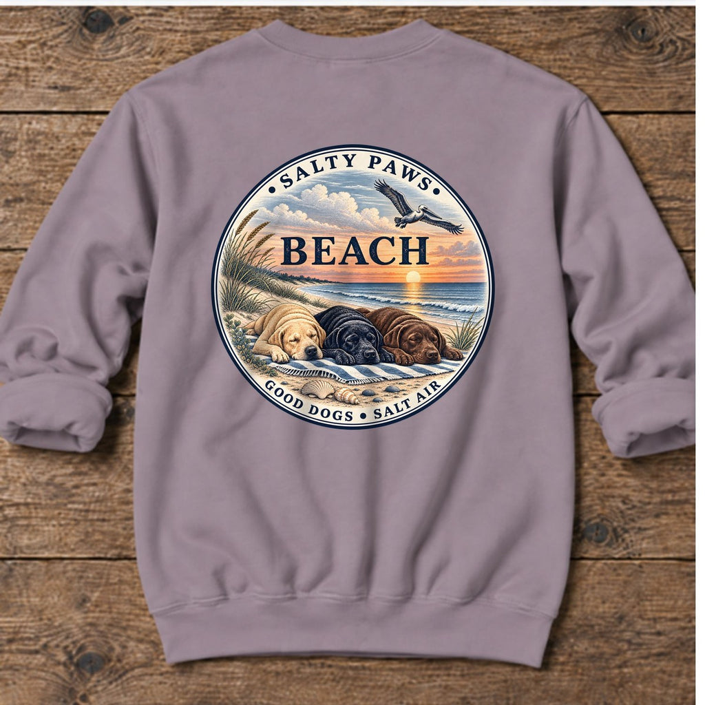 Beach Good Dogs Salt Air Sunset Three Labs Back Design Midweight Sweatshirt in Paragon, Salty Paws Midweight Sweatshirt, back design flat lay