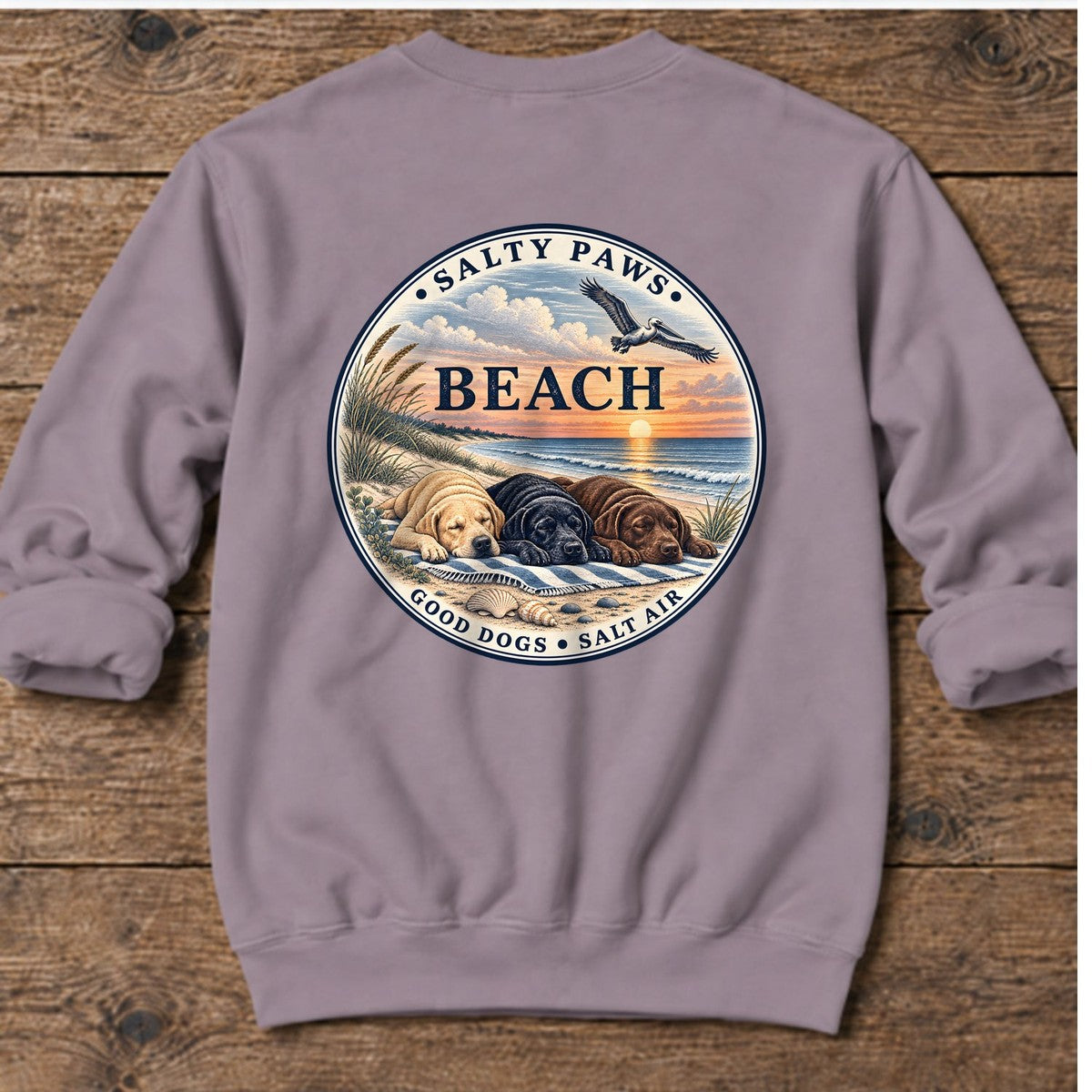 Beach Good Dogs Salt Air Sunset Three Labs Back Design Midweight Sweatshirt in Paragon, Salty Paws Midweight Sweatshirt, back design flat lay