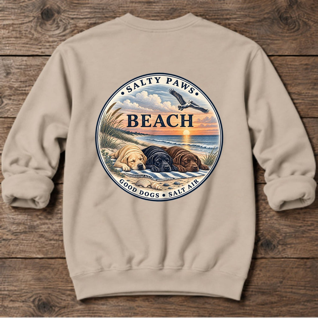 Beach Good Dogs Salt Air Sunset Three Labs Back Design Midweight Sweatshirt in Sand, Salty Paws Midweight Sweatshirt, back design flat lay