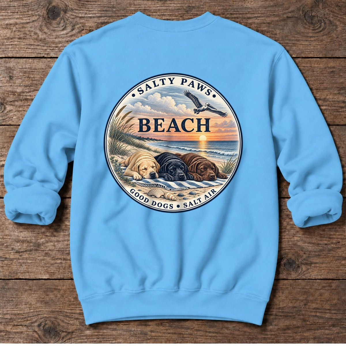 Beach Good Dogs Salt Air Sunset Three Labs Back Design Midweight Sweatshirt in Sky, Salty Paws Midweight Sweatshirt, back design flat lay