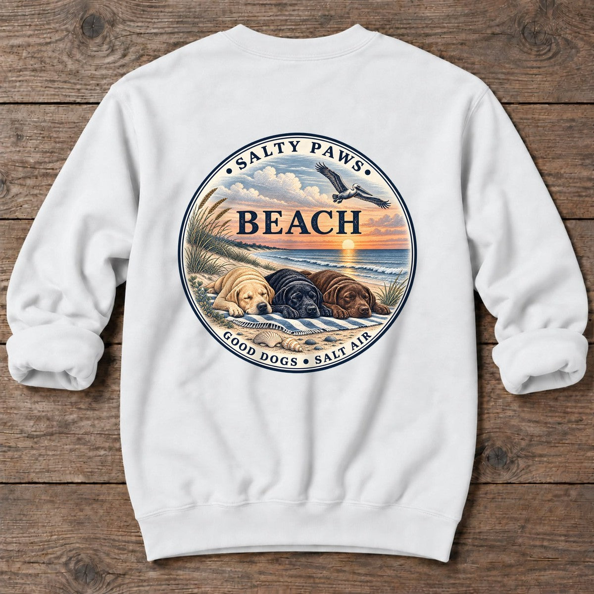 Beach Good Dogs Salt Air Sunset Three Labs Back Design Midweight Sweatshirt in White, Salty Paws Midweight Sweatshirt, back design flat lay
