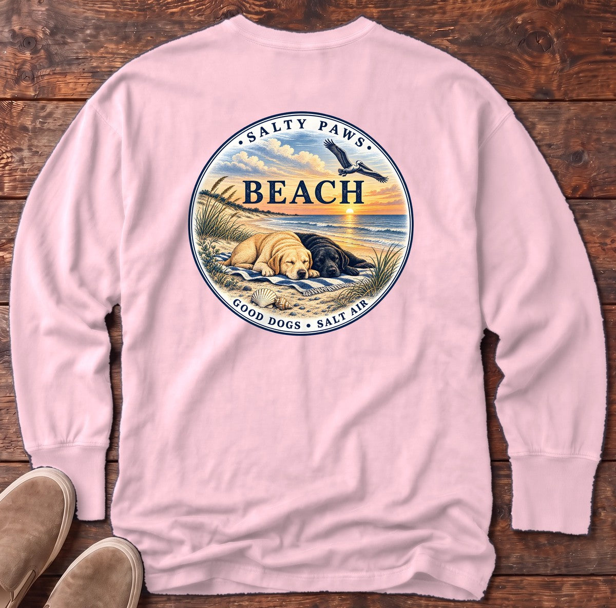 Beach Good Dogs Salt Air Sunset Two Labs Back Design Long Sleeve Tee in Blossom, Salty Paws Comfort Colors Long Sleeve Tee, back design flat lay